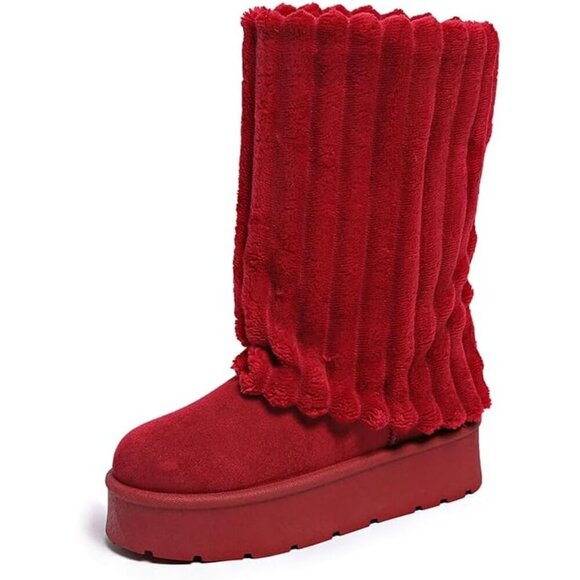 ✨Women's Red Platform Fur Boots Fuzzy Fleece Lined Ankle Anti-Slip Booties - Picture 1 of 6